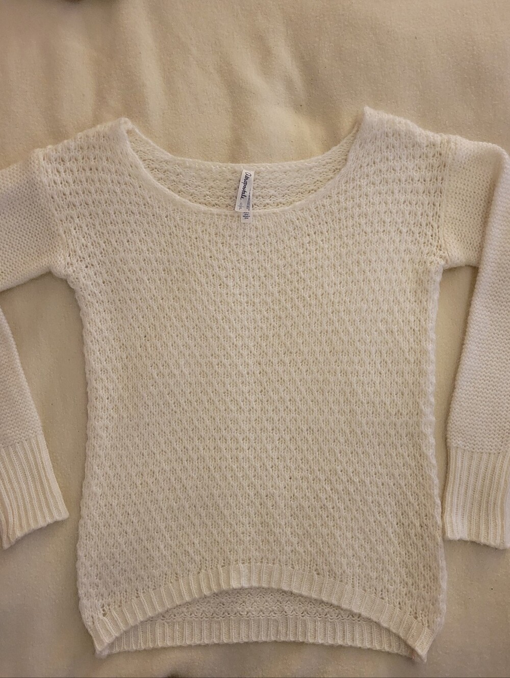 Aeropostale Women's Small White Open Knit Sweater Long Sleeve High Low Cozy